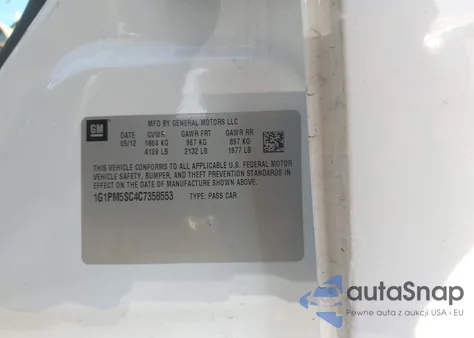 2012 Chevrolet Cruze 2Lt from USA, damaged, VIN 1G1PM5SC4C7358553